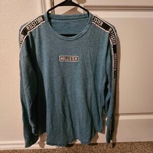 Hollister Long Sleeve T Shirt Men Blue Graphic Logo Striped Sleeve Crew Neck